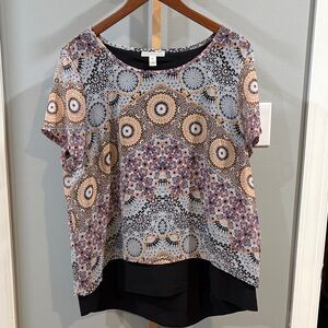 Dana Buchman Geometric Print Blouse - Black, Cream, and Tan